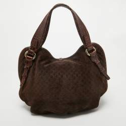 Celine Dark Brown Macadam Suede and Croc Embossed Leather Bittersweet Hobo