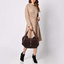 Celine Dark Brown Macadam Suede and Croc Embossed Leather Bittersweet Hobo