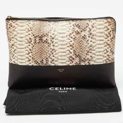 Pre Owned Celine Beige/Black Watersnake Leather and Leather Solo Zip Pouch