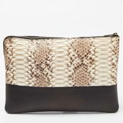 Pre Owned Celine Beige/Black Watersnake Leather and Leather Solo Zip Pouch