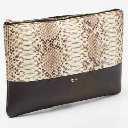 Pre Owned Celine Beige/Black Watersnake Leather and Leather Solo Zip Pouch