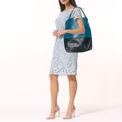 Pre Owned Celine Two Tone Blue Leather Cabas Drawstring Tote