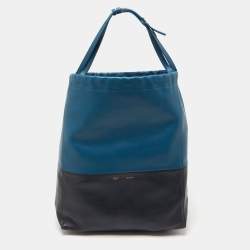 Pre Owned Celine Two Tone Blue Leather Cabas Drawstring Tote