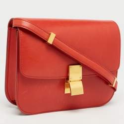 Pre Owned Celine Coral Red Leather Medium Classic Box Shoulder Bag