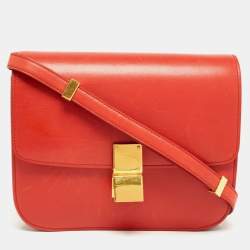 Pre Owned Celine Coral Red Leather Medium Classic Box Shoulder Bag