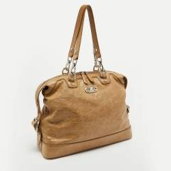 Pre Owned Celine Beige Crinkled Patent Leather Macadam Logo Bag