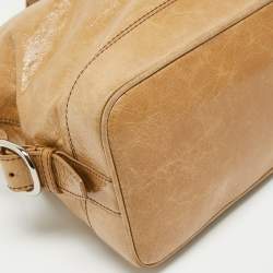Pre Owned Celine Beige Crinkled Patent Leather Macadam Logo Bag