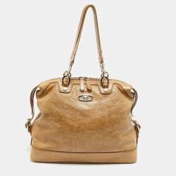 Pre Owned Celine Beige Crinkled Patent Leather Macadam Logo Bag
