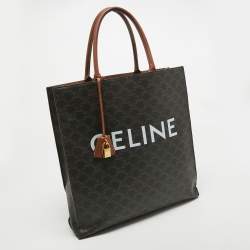 Pre Owned Celine Dark Brown Triomphe Coated Canvas and Leather Medium Vertical Cabas Tote