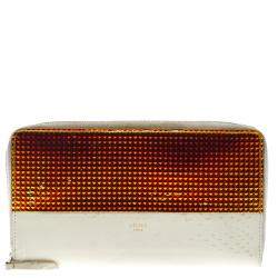 Pre Owned Celine Off White Leather Holographic Zip Up Wallet