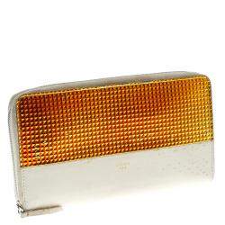 Pre Owned Celine Off White Leather Holographic Zip Up Wallet