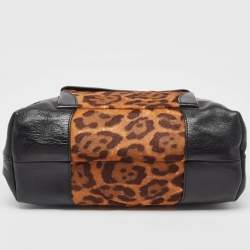 Pre Owned Celine Black/Brown Leopard Print Calf Hair and  Leather Boogie Satchel