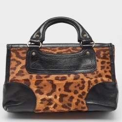 Pre Owned Celine Black/Brown Leopard Print Calf Hair and  Leather Boogie Satchel