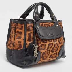 Pre Owned Celine Black/Brown Leopard Print Calf Hair and  Leather Boogie Satchel