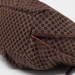 Celine Dark Brown Macadam Fabric and Croc Embossed Leather Bittersweet Hobo