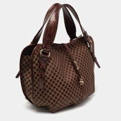 Celine Dark Brown Macadam Fabric and Croc Embossed Leather Bittersweet Hobo