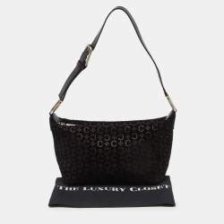 Pre Owned Celine Black Macadam Embossed Suede and Leather Baguette Bag