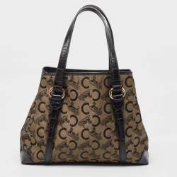Pre Owned Celine Black/Brown Macadam Fabric and Croc Embossed Leather Tote