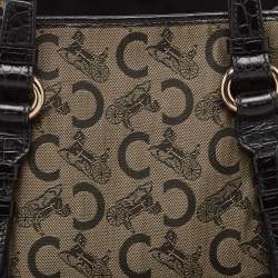 Pre Owned Celine Black/Brown Macadam Fabric and Croc Embossed Leather Tote