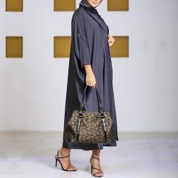 Pre Owned Celine Black/Brown Macadam Fabric and Croc Embossed Leather Tote