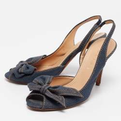Celine Navy Blue Denim Bow D'orsay Slingback Sandals Size 38