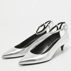 Pre Owned Celine Silver Leather Ankle Strap Pumps Size 40