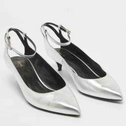 Pre Owned Celine Silver Leather Ankle Strap Pumps Size 40