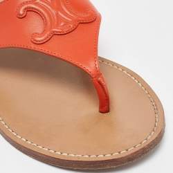 Pre Owned Celine Orange Leather Triomphe Thong Flats Size 37.5