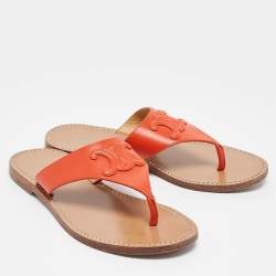 Pre Owned Celine Orange Leather Triomphe Thong Flats Size 37.5