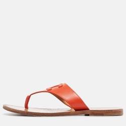 Pre Owned Celine Orange Leather Triomphe Thong Flats Size 37.5