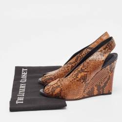 Pre Owned Celine Brown/Black Python Peep Toe Slingback Wedge Sandals Size 39