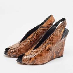 Pre Owned Celine Brown/Black Python Peep Toe Slingback Wedge Sandals Size 39