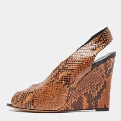 Pre Owned Celine Brown/Black Python Peep Toe Slingback Wedge Sandals Size 39