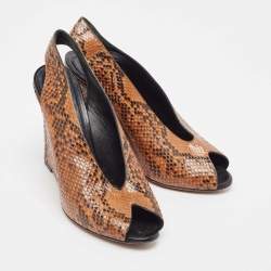Pre Owned Celine Brown/Black Python Peep Toe Slingback Wedge Sandals Size 39