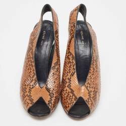 Pre Owned Celine Brown/Black Python Peep Toe Slingback Wedge Sandals Size 39