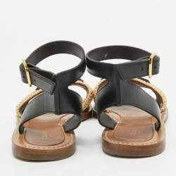 Celine Beige/Black Leather and Raffia Ankle Strap Flat Sandals Size 39