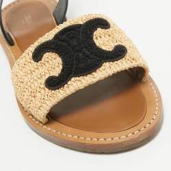 Celine Beige/Black Leather and Raffia Ankle Strap Flat Sandals Size 39