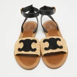 Celine Beige/Black Leather and Raffia Ankle Strap Flat Sandals Size 39