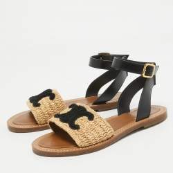 Celine Beige/Black Leather and Raffia Ankle Strap Flat Sandals Size 39