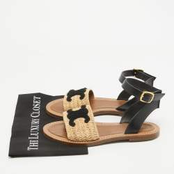 Celine Beige/Black Leather and Raffia Ankle Strap Flat Sandals Size 39