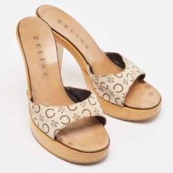 Celine Beige/Brown Logo Print Canvas Platform Slide Sandals Size 37