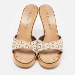 Celine Beige/Brown Logo Print Canvas Platform Slide Sandals Size 37