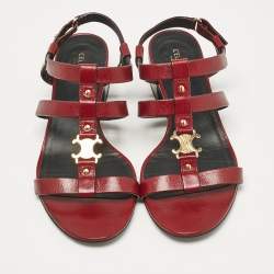 Celine Burgundy Leather Triomphe Ankle Strap Sandals Size 38