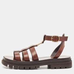 Pre Owned Celine Brown Leather Triomphe Flat Sandals Size 38