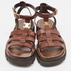 Pre Owned Celine Brown Leather Triomphe Flat Sandals Size 38