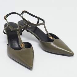 Pre Owned Celine Green Leather Pointed Toe Ankle Strap Pumps Size 37