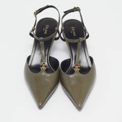 Pre Owned Celine Green Leather Pointed Toe Ankle Strap Pumps Size 37