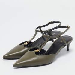 Pre Owned Celine Green Leather Pointed Toe Ankle Strap Pumps Size 37