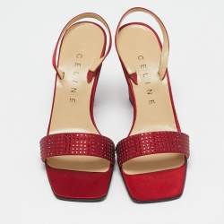 Celine Red Satin Crystal Embellished Slingback Sandals Size 37
