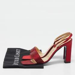 Celine Red Satin Crystal Embellished Slingback Sandals Size 37